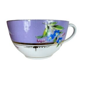 Vintage Hand Painted Floral Purple Mustache Saver Handled Tea Cup Gold Trim‎